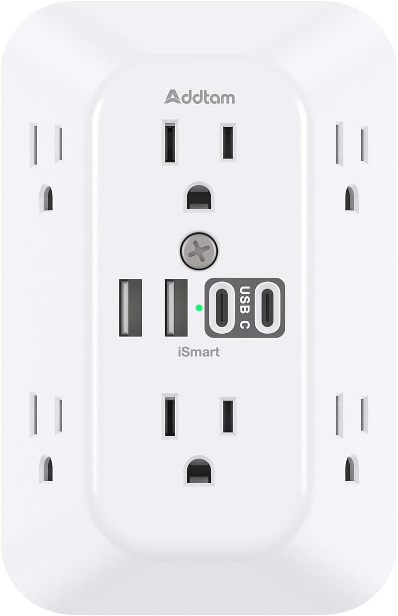 Addtam Surge Protector Outlet Extender, 6-Outlet Splitter with 4 USB Wall Charger(2 USB-C Ports), Multi Plug Wall Outlet 1800J Power Strip for Home Office Dorm Room Essentials - Image 1